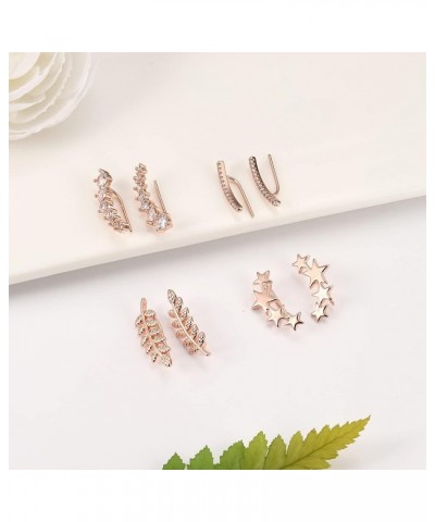 4 Pairs Crawler Earrings Ear Climbers Earrings for Women Cuff Earrings CZ Leaf Star Crawler Stud Earrings Rose Gold $10.25 Ea...