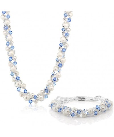 17 Inch White Cultured Freshwater Pearl and Blue Crystal Mash Necklace and Bracelet Set For Women (Necklace: 17 Inch, Bracele...