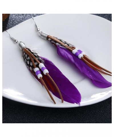 Bohemian Women Indian Feather Beads Tassel Dangle Hook Earrings Jewelry Gift,Valentines Costume Jewelry for Women Girls Purpl...