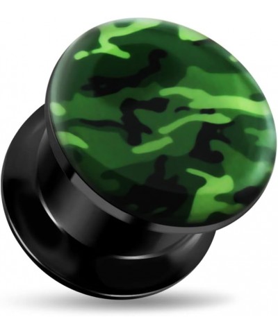 Attractive Green Camouflage Logo Internally Threaded Black Acrylic Double Flared Tunnel Ear Plugs - Sold by Piece 16.0 Millim...