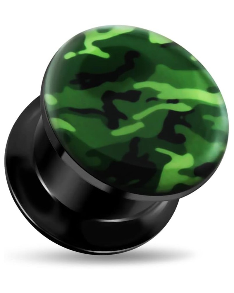 Attractive Green Camouflage Logo Internally Threaded Black Acrylic Double Flared Tunnel Ear Plugs - Sold by Piece 16.0 Millim...