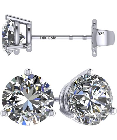 14K Gold Post & Sterling Silver Pure Brilliance Zirconia 3 Prong Martini Style Stud Earrings 1.0ct to 4ct 2.0 Carat Total Wei...