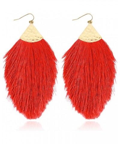 Bohemian Silky Thread Fan Fringe Tassel Statement Earrings - Lightweight Strand Feather Shape Dangles Feather Fringe - Red $1...