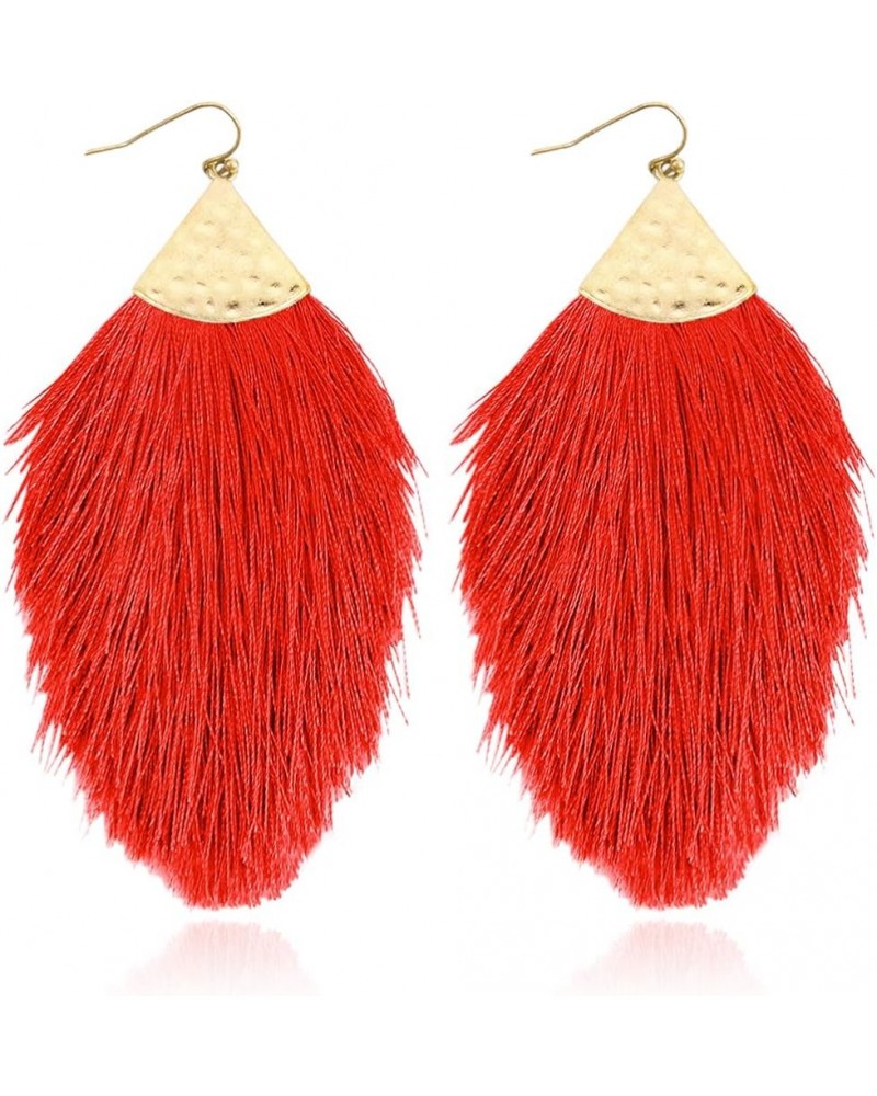 Bohemian Silky Thread Fan Fringe Tassel Statement Earrings - Lightweight Strand Feather Shape Dangles Feather Fringe - Red $1...