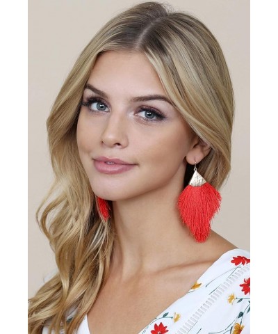 Bohemian Silky Thread Fan Fringe Tassel Statement Earrings - Lightweight Strand Feather Shape Dangles Feather Fringe - Red $1...