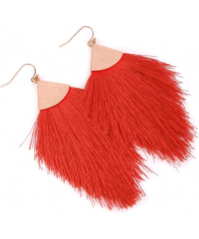 Bohemian Silky Thread Fan Fringe Tassel Statement Earrings - Lightweight Strand Feather Shape Dangles Feather Fringe - Red $1...