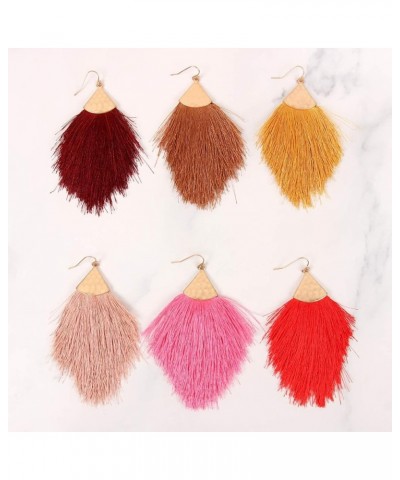 Bohemian Silky Thread Fan Fringe Tassel Statement Earrings - Lightweight Strand Feather Shape Dangles Feather Fringe - Red $1...