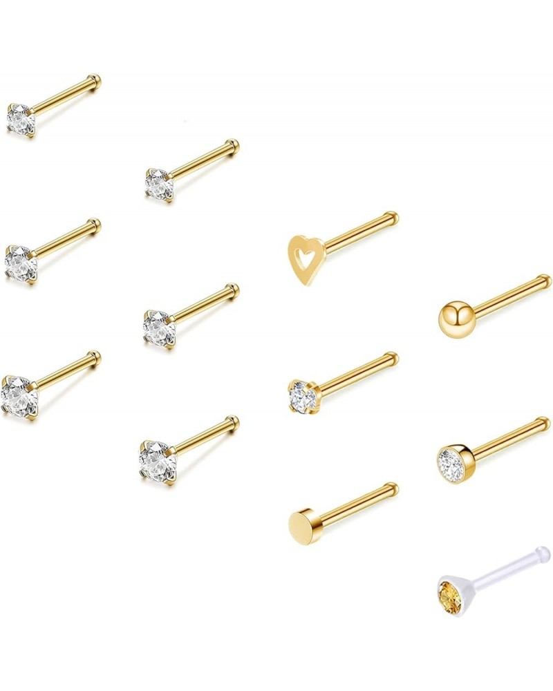 12Pcs 20G Nose Studs Rings - Surgical Steel L Shape Nose Bone Nose Screw CZ Nostril Piercing Jewelry for Women Gold,Straight ...