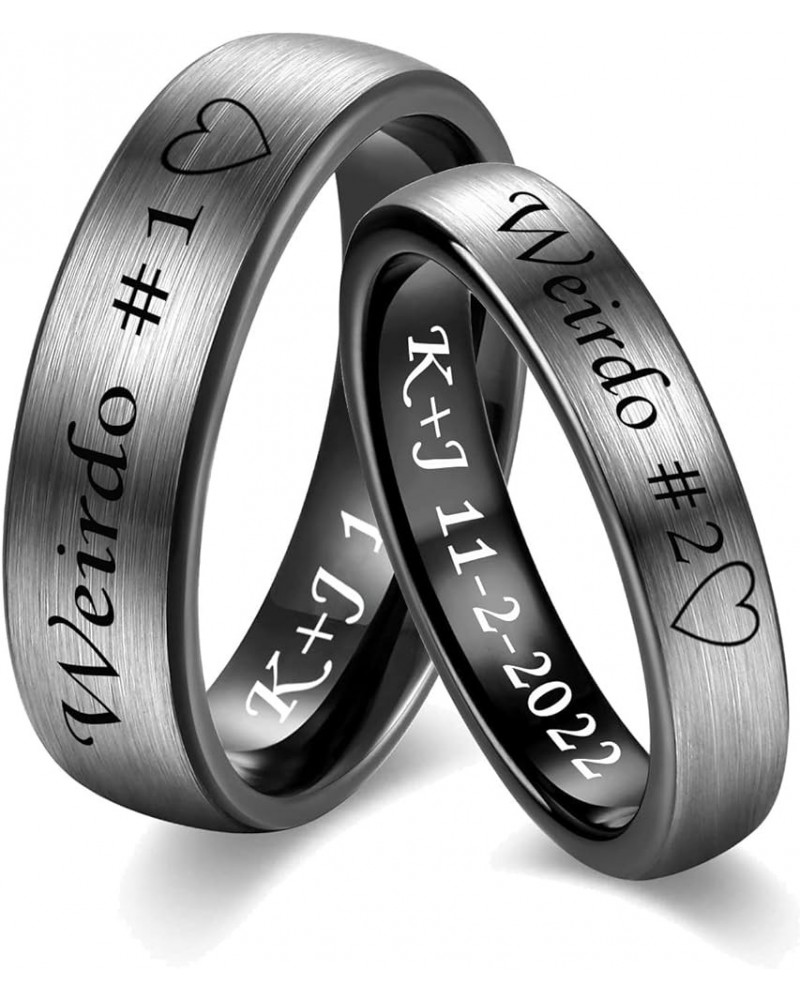 MZZJ Free Engraved Tungsten Carbide His Hers Couple Rings Brushed 6MM & 4MM Silver Black 2 Tone Domed Comfort Fit Engagement ...