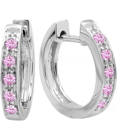 Round Gemtone & Diamond Single Row Hoop Earrings for Women in 10K White Gold Pink Sapphire $94.72 Earrings