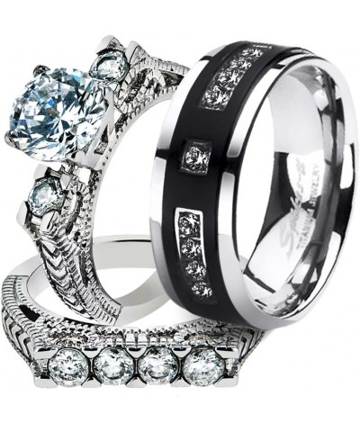 His and Her Stainless Steel 2.95 Carat Cubic Zirconia Bridal Set and Men's Titanium Wedding Band Women's Size 07 Men's Size 1...