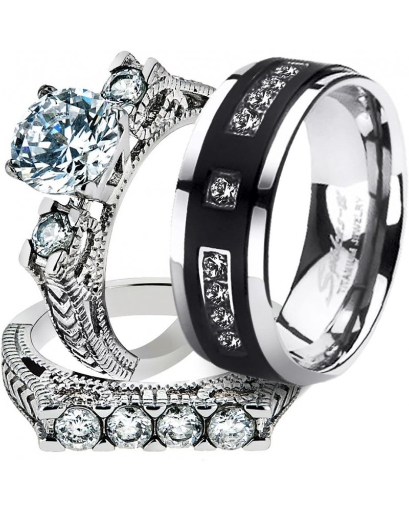 His and Her Stainless Steel 2.95 Carat Cubic Zirconia Bridal Set and Men's Titanium Wedding Band Women's Size 07 Men's Size 1...