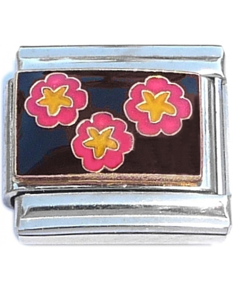 Pink and Yellow Flowers on Black Italian Charm $7.77 Bracelets