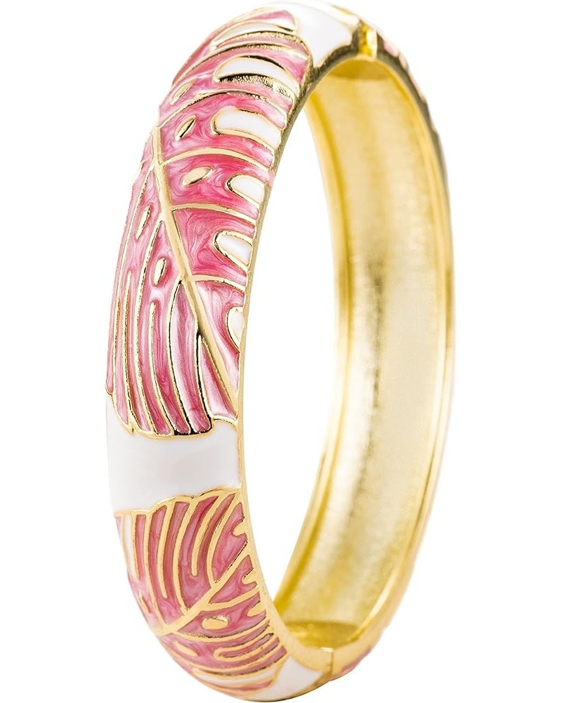 Hawaiian Monstera Luau Leaves Hinged Clasp Fashion Enamel Bangle Bracelet Pink $12.74 Bracelets