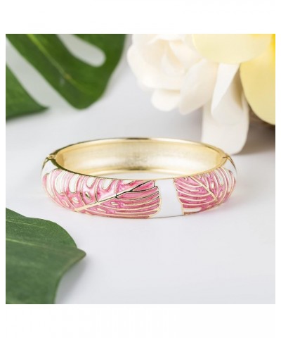 Hawaiian Monstera Luau Leaves Hinged Clasp Fashion Enamel Bangle Bracelet Pink $12.74 Bracelets