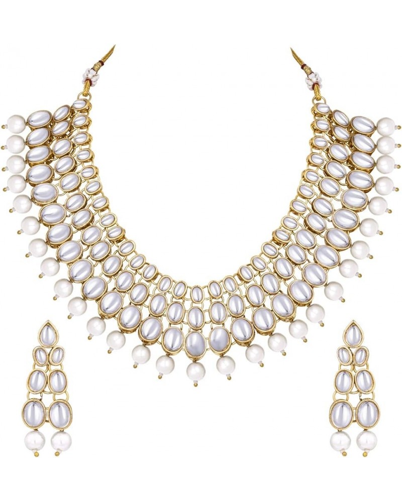 Faux Kundan Beaded Necklace Earring Set Indian Wedding Ethnic Bollywood Fashion Jewelry For Women White-3 $22.22 Jewelry Sets