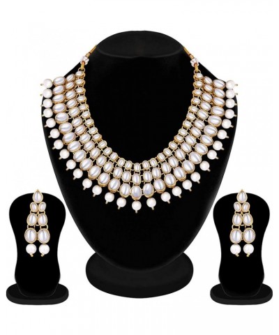 Faux Kundan Beaded Necklace Earring Set Indian Wedding Ethnic Bollywood Fashion Jewelry For Women White-3 $22.22 Jewelry Sets