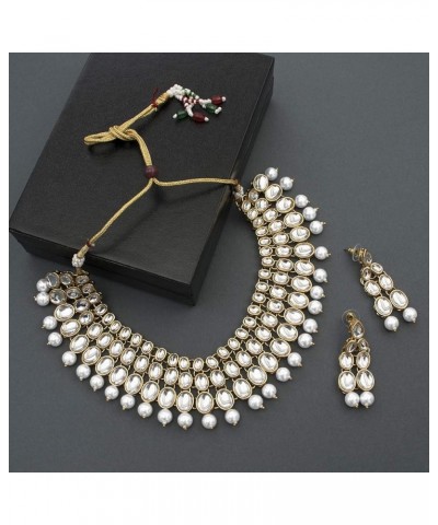 Faux Kundan Beaded Necklace Earring Set Indian Wedding Ethnic Bollywood Fashion Jewelry For Women White-3 $22.22 Jewelry Sets