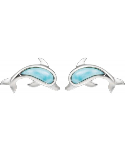 925 Sterling Silver Natural Larimar Dolphin Stud Earrings, Nickle Free Hypoallergenic for Sensitive Skin, Hawaii Ocean Jewelr...