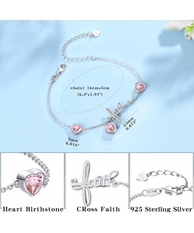 3 Birthstones Bracelet for Women 925 Sterling Silver Cross Faith Adjustable Chain Bracelets with Heart Cubic Zirconias Christ...