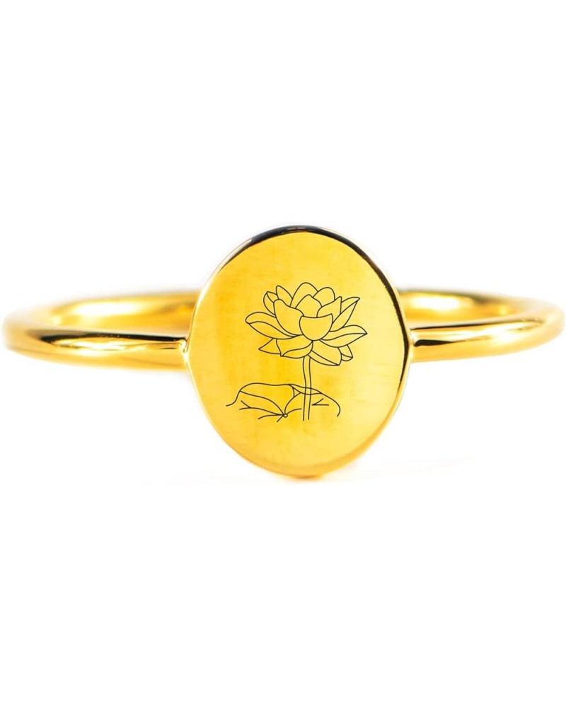 Story Jewellery Birth Month Flower Rings for Women, Gold Plated Engraved Signet Birth Month Floral Rings for Her, Dainty Flow...