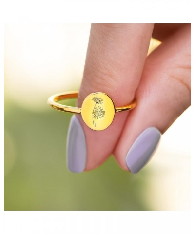 Story Jewellery Birth Month Flower Rings for Women, Gold Plated Engraved Signet Birth Month Floral Rings for Her, Dainty Flow...