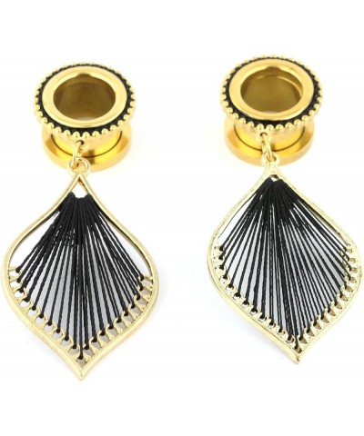 Gold Leaf Shape Black Silk Thread Dangle Ear Guages Tunnels Plugs String Statement Earrings for Womens Girls Black 2g-6mm $10...