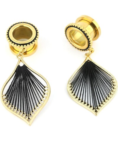 Gold Leaf Shape Black Silk Thread Dangle Ear Guages Tunnels Plugs String Statement Earrings for Womens Girls Black 2g-6mm $10...