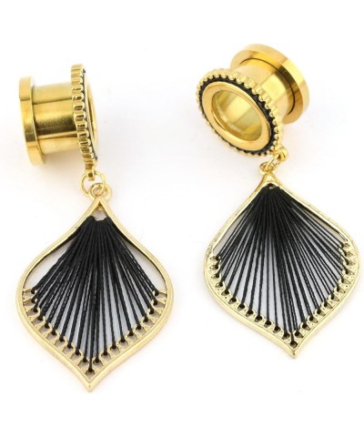 Gold Leaf Shape Black Silk Thread Dangle Ear Guages Tunnels Plugs String Statement Earrings for Womens Girls Black 2g-6mm $10...