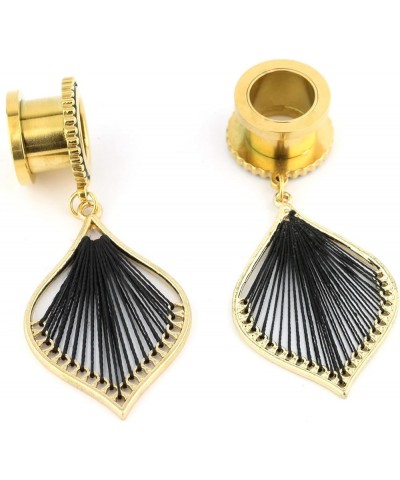 Gold Leaf Shape Black Silk Thread Dangle Ear Guages Tunnels Plugs String Statement Earrings for Womens Girls Black 2g-6mm $10...