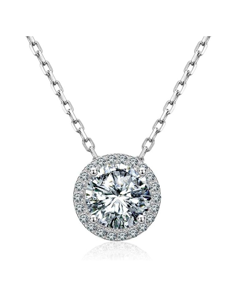 Moissanite Halo 16/18 Inch Pendant Necklace For Women Round Cut 0.50-1.00 Cttw 18K White Gold Over Silver (D Color VVS Clarit...