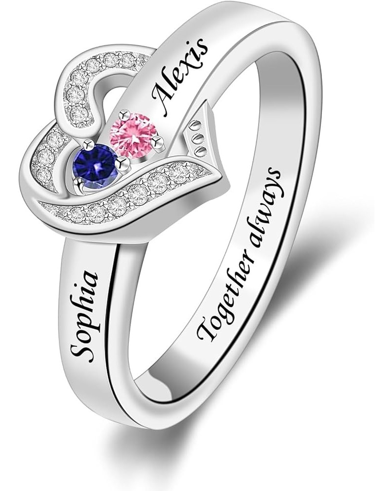 Personalized Sterling Silver Birthstone Mother Rings Engraved Family Name Ring for Mom Love Heart Mother's Day Rings for Wome...