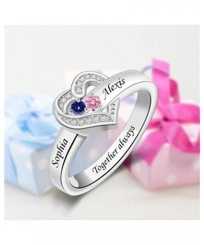 Personalized Sterling Silver Birthstone Mother Rings Engraved Family Name Ring for Mom Love Heart Mother's Day Rings for Wome...