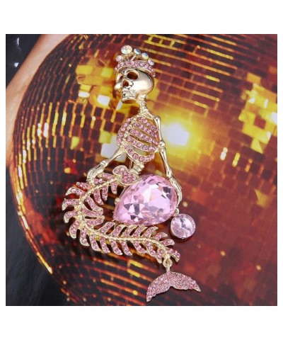 Women's Austrian Crystal Halloween Mermaid Skull Crown Teardrop Brooch Pink Gold-Tone $11.20 Brooches & Pins