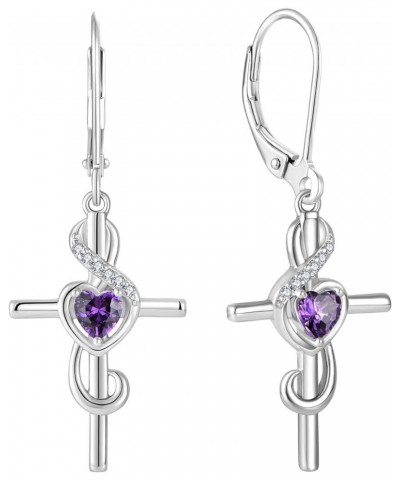 Women's Note Cross Earrings Sterling Silver Treble Clef Leverback Earring Music Note Jewelry for Music Lover 02-Amethyst-Feb ...