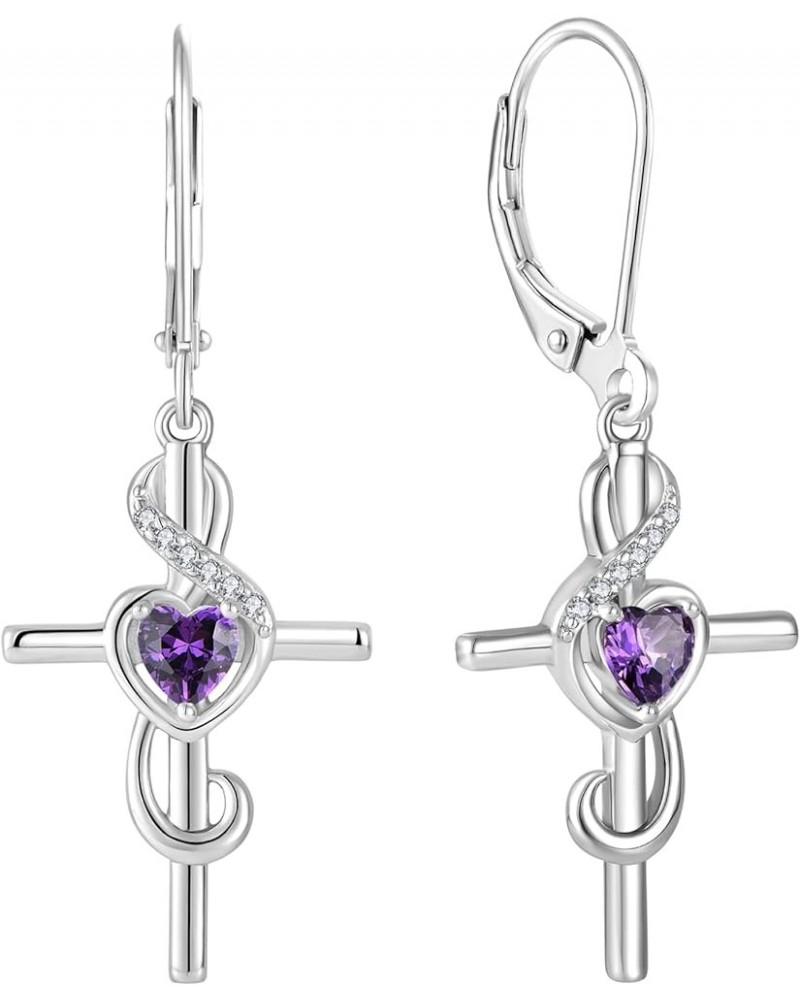 Women's Note Cross Earrings Sterling Silver Treble Clef Leverback Earring Music Note Jewelry for Music Lover 02-Amethyst-Feb ...