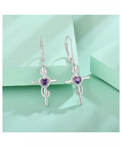 Women's Note Cross Earrings Sterling Silver Treble Clef Leverback Earring Music Note Jewelry for Music Lover 02-Amethyst-Feb ...