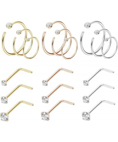 18Pcs Nose Rings Hoop Stainless Steel 18-20G Straight L Shaped Screw CZ Nose Studs Piercing Ring Hoop Body Jewelry Set A:20G ...