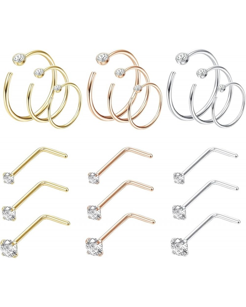 18Pcs Nose Rings Hoop Stainless Steel 18-20G Straight L Shaped Screw CZ Nose Studs Piercing Ring Hoop Body Jewelry Set A:20G ...