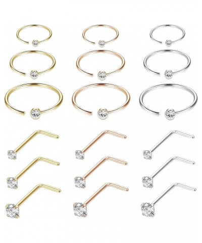 18Pcs Nose Rings Hoop Stainless Steel 18-20G Straight L Shaped Screw CZ Nose Studs Piercing Ring Hoop Body Jewelry Set A:20G ...