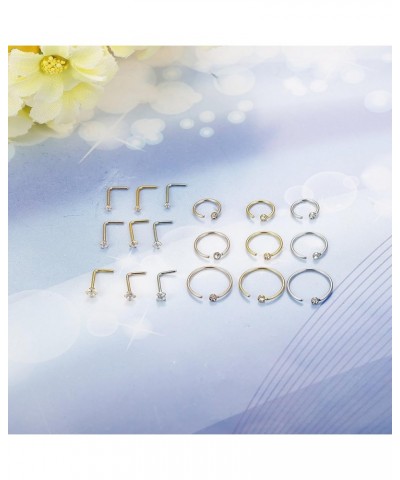 18Pcs Nose Rings Hoop Stainless Steel 18-20G Straight L Shaped Screw CZ Nose Studs Piercing Ring Hoop Body Jewelry Set A:20G ...