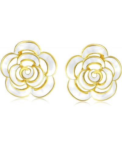 Fashion Enamel 3D Blue White Rose Flower Clip On or Pierced Earrings Button Style Non-Pierced Ears 14K Gold Plated Simulated ...