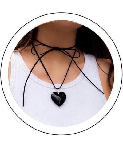 Chunky Puffy Heart Choker Necklace Big Heart Pendant Goth Black Velvet Chain Choker Heart Necklace Adjustable Y2K Necklaces J...