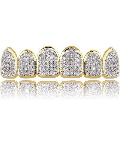 18K Gold Plated All Iced Out Luxury Cubic Zirconia Face Diamond Gold Teeth Grillz Set with Molding Bars Included for Men Wome...