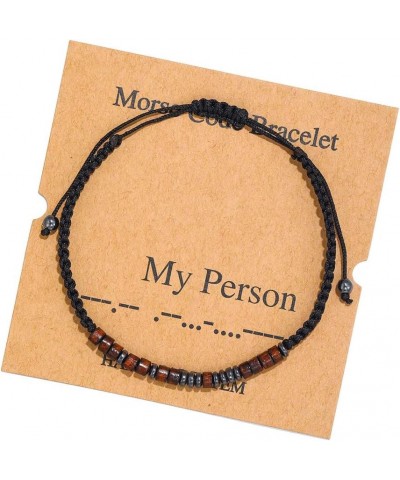 Inspirational Morse Code Wood Hematite Bead Woven Braded Rope Bracelet with Card for Men Women Unisex My Person $9.61 Bracelets