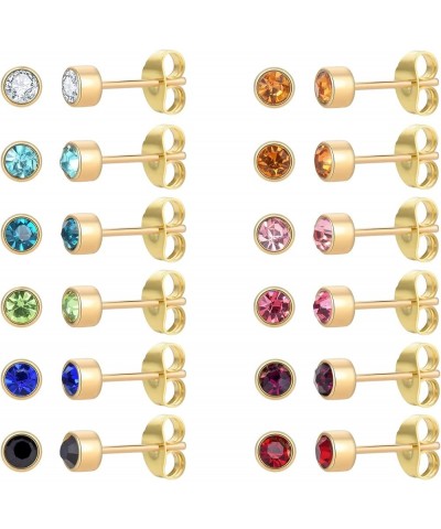 12 Pairs 18K Gold Plated Surgical Stainless Steel Stud Earring, Cubic Zirconia CZ Stud Earrings for Women, Multicolor Birthst...