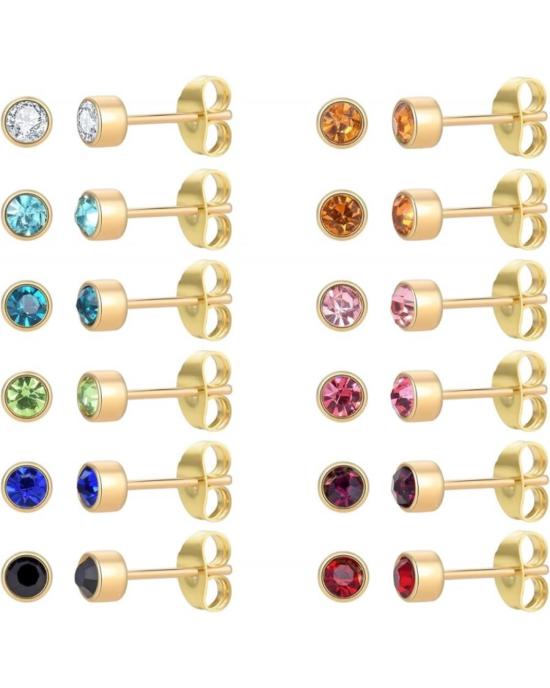 12 Pairs 18K Gold Plated Surgical Stainless Steel Stud Earring, Cubic Zirconia CZ Stud Earrings for Women, Multicolor Birthst...