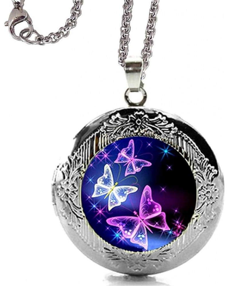 Silver Tone Beautiful Blue and Purple Butterfly Locket Pendant Necklace with 24" Stainless Steel Chain $10.57 Necklaces