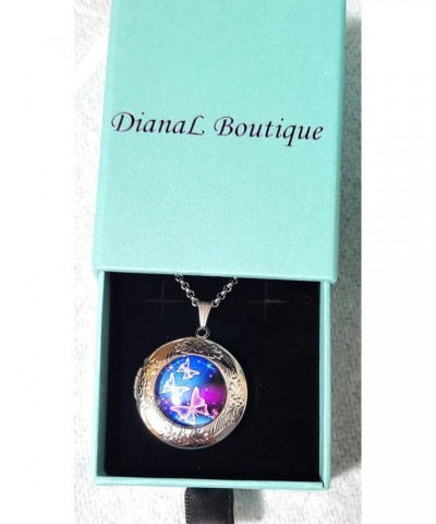 Silver Tone Beautiful Blue and Purple Butterfly Locket Pendant Necklace with 24" Stainless Steel Chain $10.57 Necklaces