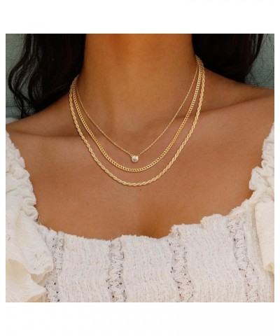 Gold Layered Set Necklaces for Women, Dainty 14K Gold Plated Layered CZ Pendant Necklaces Simple Gold Herringbone Snake Choke...